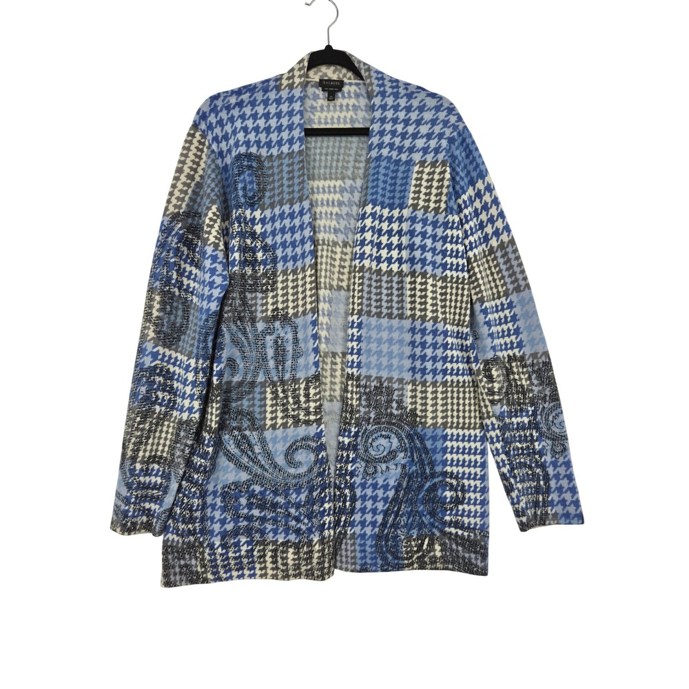 Talbots Pure 100% Merino Wool Cardigan XL Blue Houndstooth Paisley Sweater